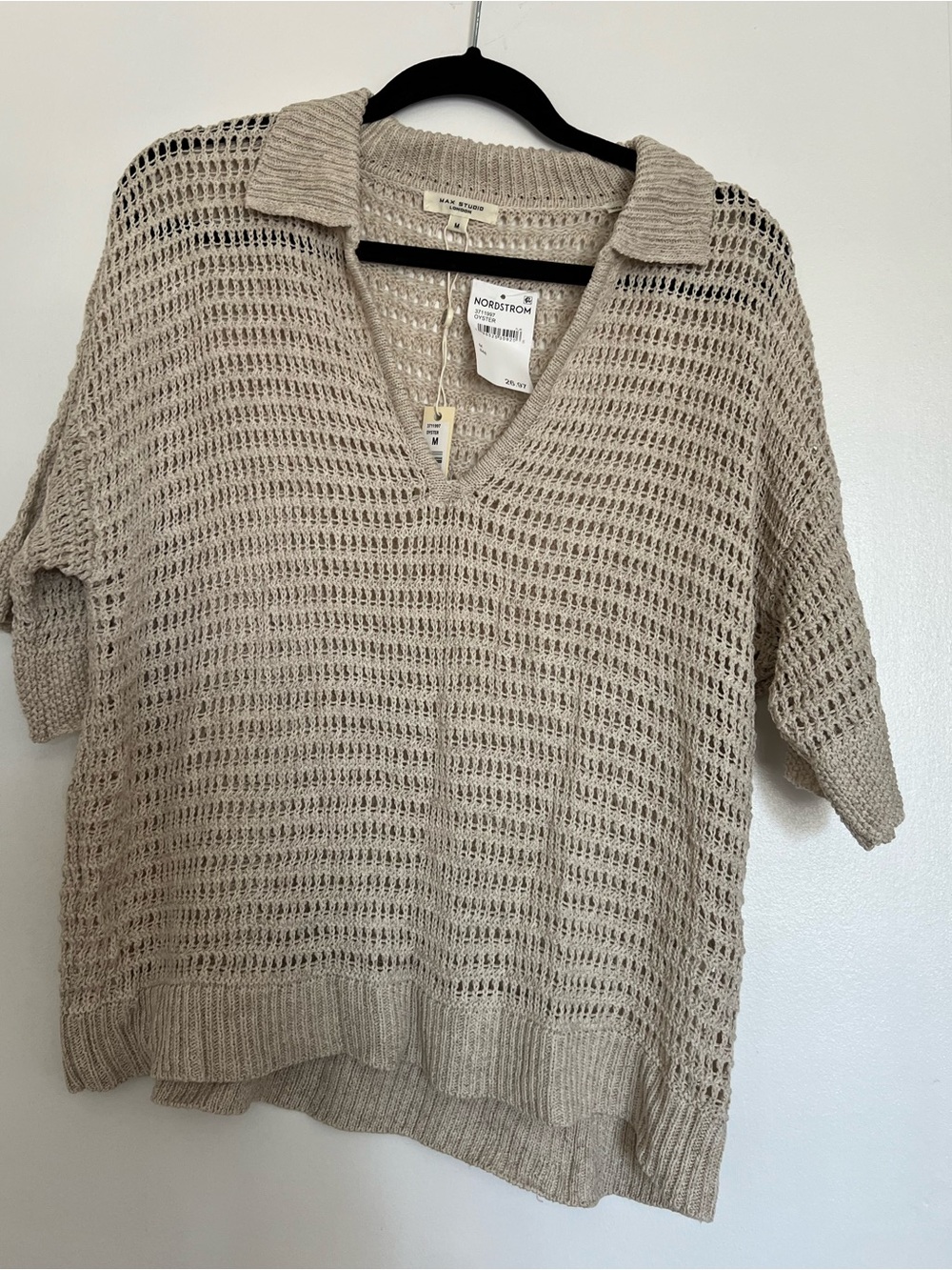Max Studio Open-Weave V-Neck Collared Sweater in Light Beige